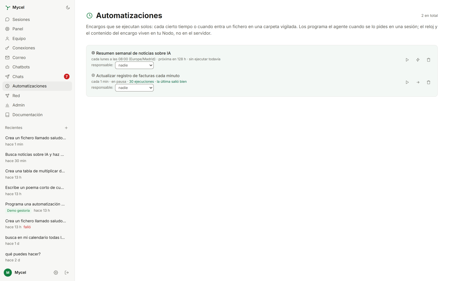 Pantalla Automatizaciones de Mycel: tres encargos programados con su periodicidad, cuándo les toca la próxima vez y el resultado de la última ejecución.