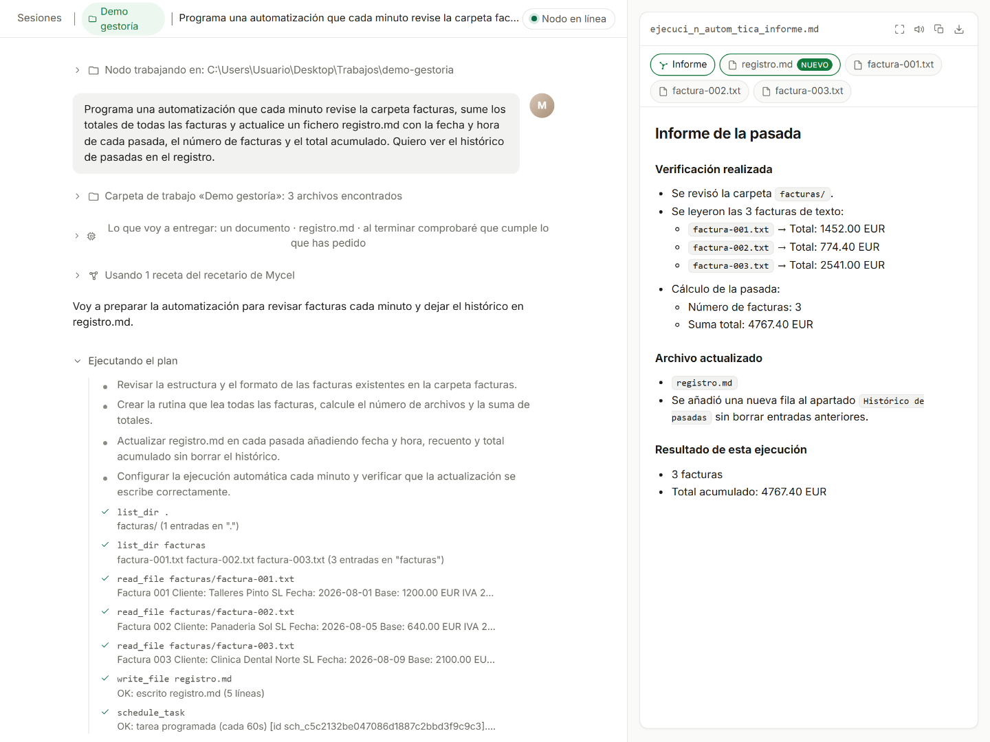 Pantalla Sesiones de Mycel con una tarea terminada: las herramientas usadas una a una y, al lado, los ficheros entregados con su vista previa.